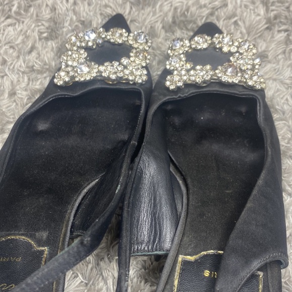 Roger Vivier Black Satin Floral crystal strass sling back heels 38 - Picture 9 of 13